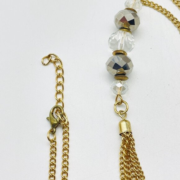 Gold Tone Tassel Pendant Necklace Long Chain With Silver and Clear Beads - Picture 3 of 7